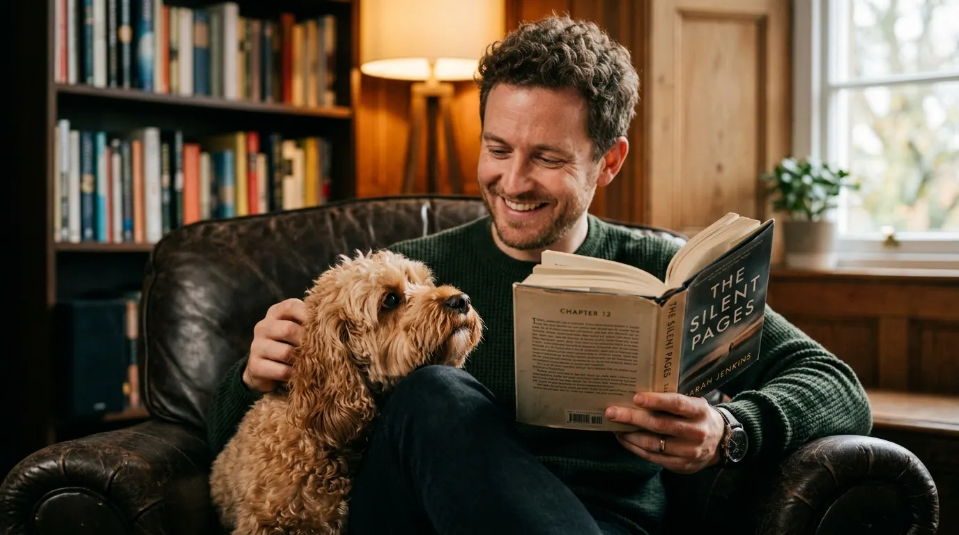 Man reading book with dog — Reinforcement & Clicker Tools