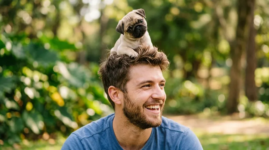 Man with puppy on head | Reinforcement & Clicker Tools Man with puppy on head
