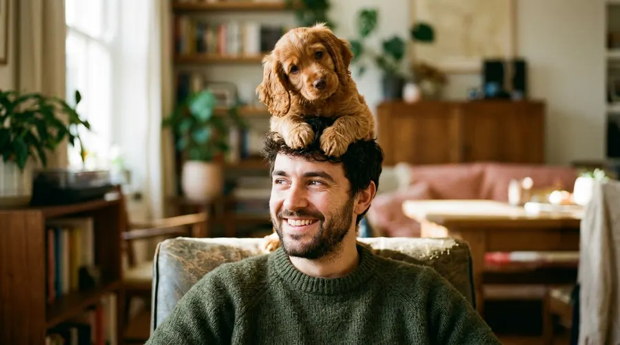Man with puppy on head | Reinforcement & Clicker Tools Man with puppy on head