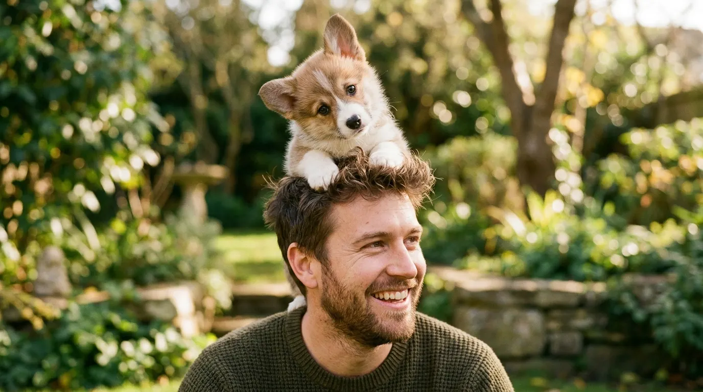 Man with puppy on head | Reinforcement & Clicker Tools Man with puppy on head — Reinforcement & Clicker Tools