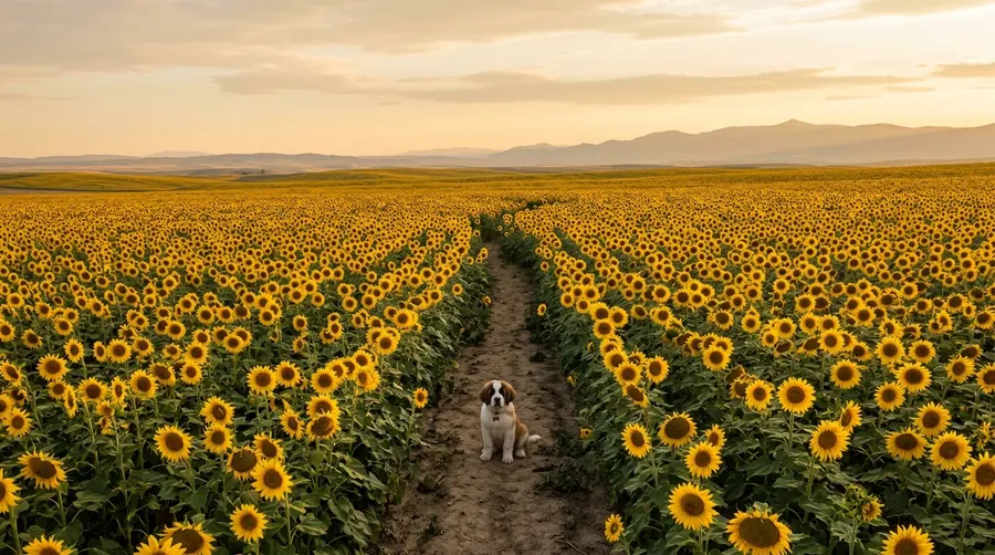 Saint Bernard in sunflower field