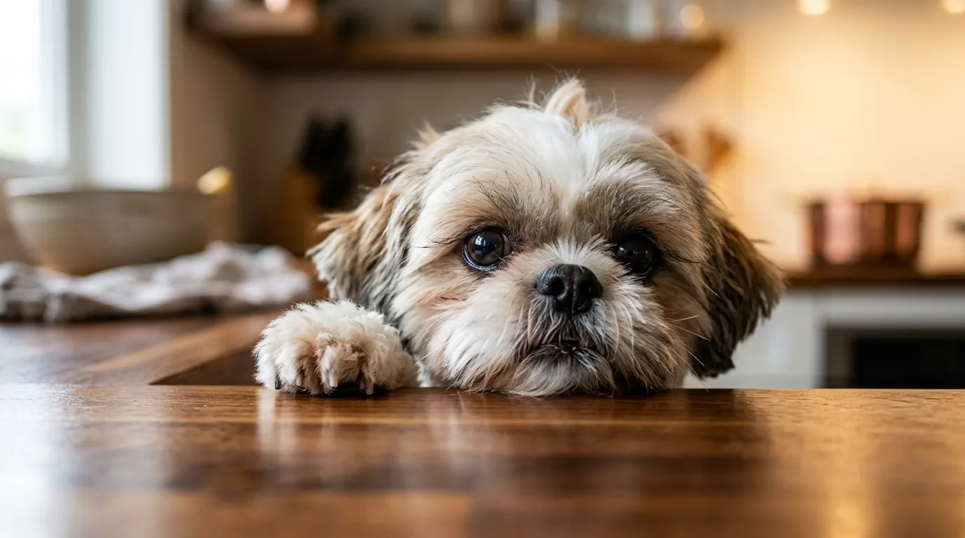 Shih Tzu peeking over table — Safety Gates & Barriers