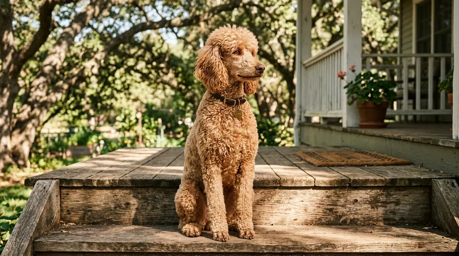 Standard Poodle sitting on step