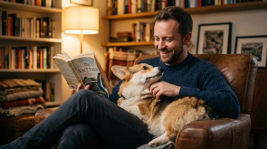 Man reading book with corgi | Safety & Law Man reading book with corgi