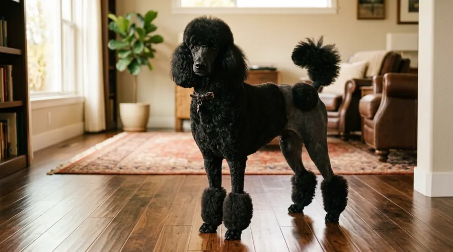 Poodle standing on hardwood floor | Safety & Law Poodle standing on hardwood floor