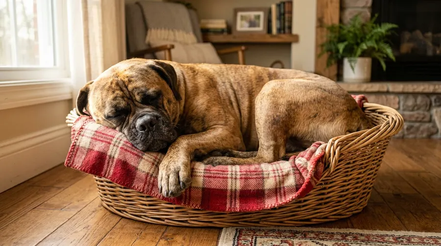Bullmastiff sleeping in wicker