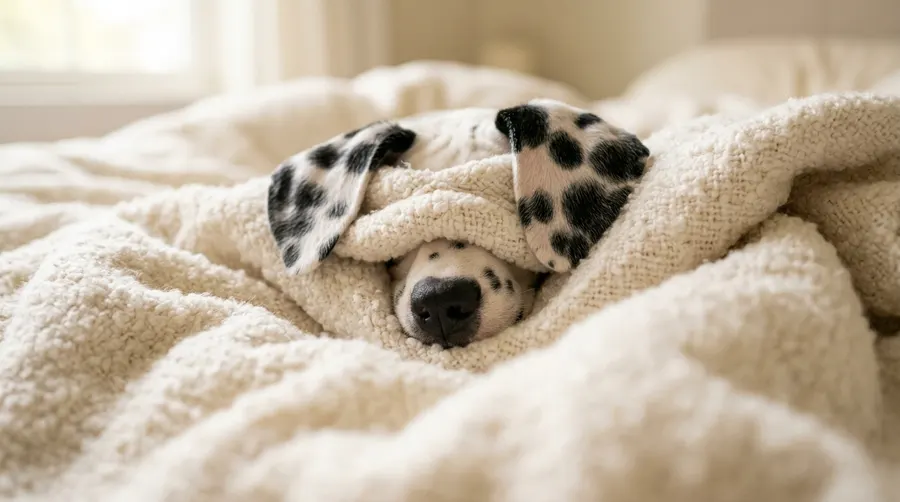 Dalmatian puppy sleeping under