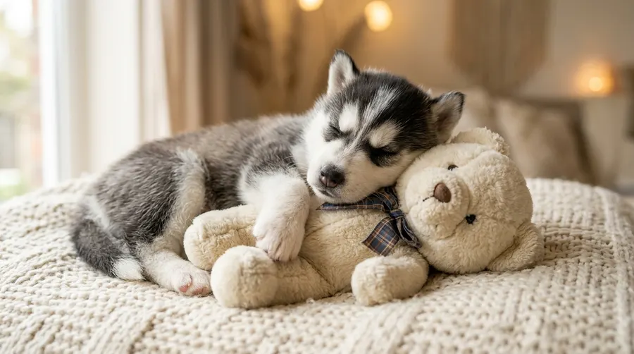 Puppy sleeping with teddy bear