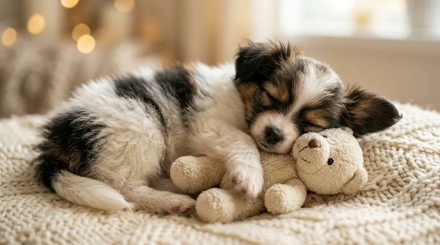 Puppy sleeping with teddy bear