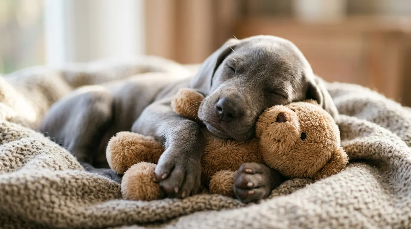 Puppy sleeping with teddy bear — Senior Mobility Mats