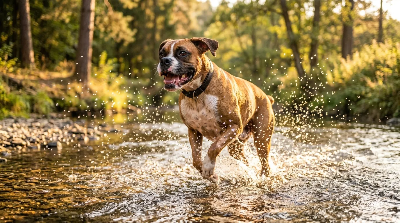 Boxer splashing through stream | Temperature Control & Travel Hydration Boxer splashing through stream — Temperature Control & Travel Hydration