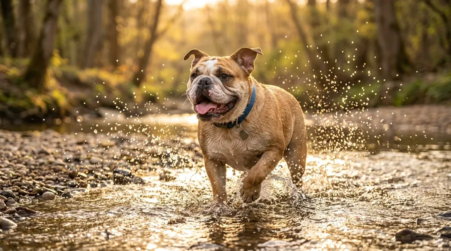 Bulldog splashing in stream | Temperature Control & Travel Hydration Bulldog splashing in stream