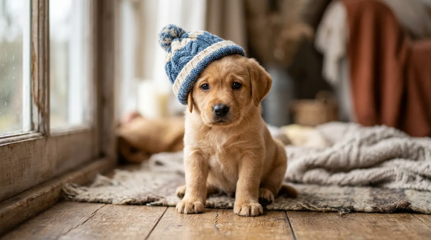 Labrador puppy wearing beanie hat | Temperature Control & Travel Hydration Labrador puppy wearing beanie hat — Temperature Control & Travel Hydration