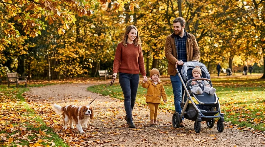 Family walking dog in park | Treat Dispensing & AI Detection Family walking dog in park
