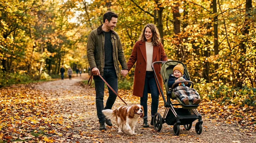 Family walking with dog in | Treat Dispensing & AI Detection Family walking with dog in