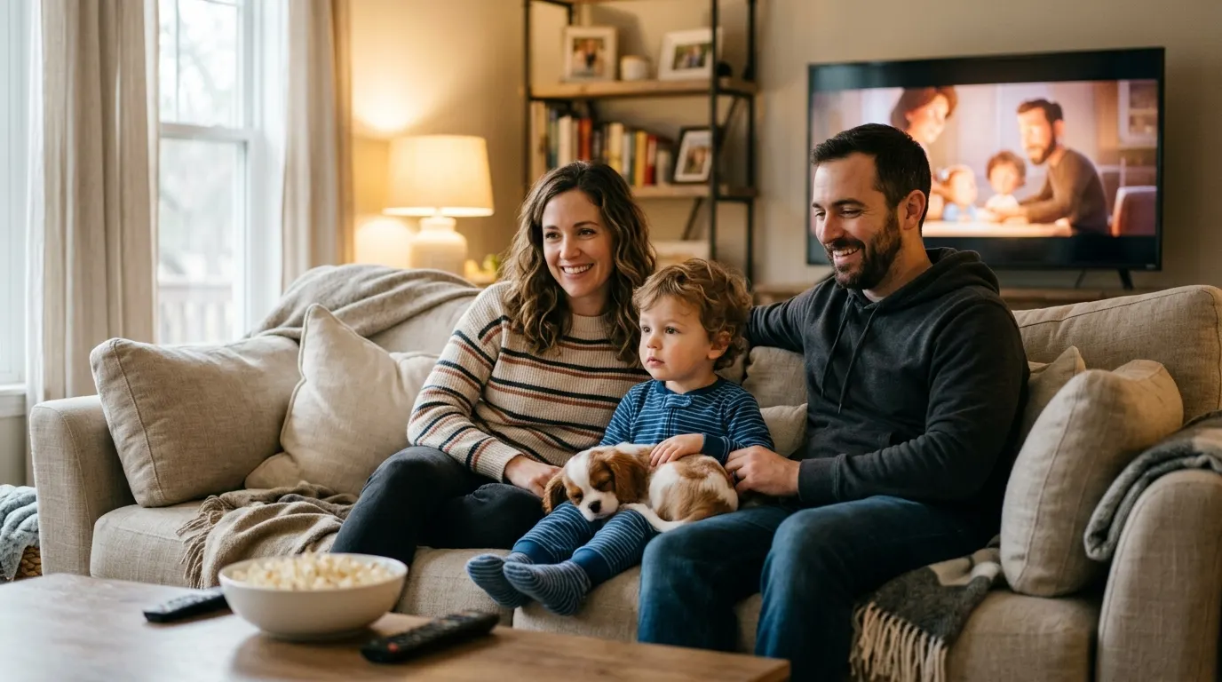 Family watching movie together | Treat Dispensing & AI Detection Family watching movie together — Treat Dispensing & AI Detection