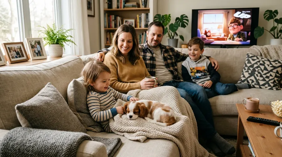 Family watching movie with puppy | Treat Dispensing & AI Detection Family watching movie with puppy