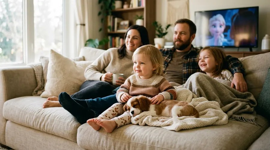 Family watching movie with puppy | Treat Dispensing & AI Detection Family watching movie with puppy