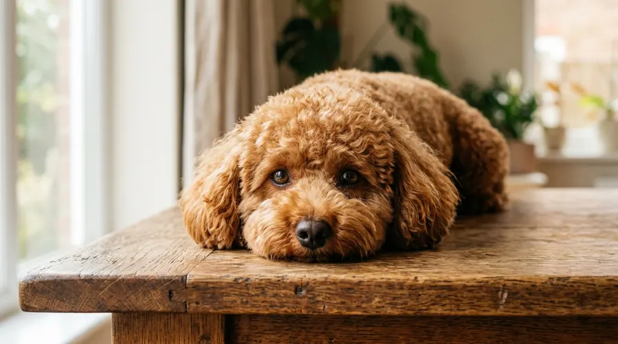 Miniature Poodle resting on table | Veterinary Triage & Symptom Evaluation Miniature Poodle resting on table