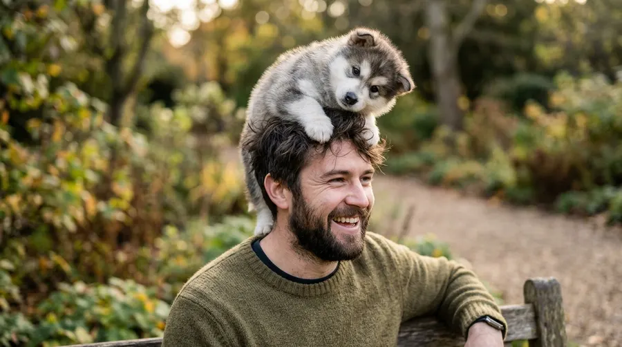 Puppy sitting on man's head | Veterinary Triage & Symptom Evaluation Puppy sitting on man's head