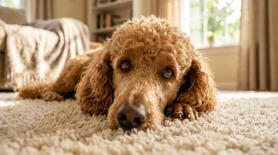 Poodle resting on carpet
