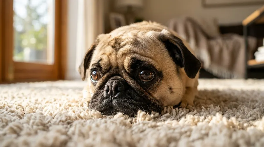 Pug resting on carpet