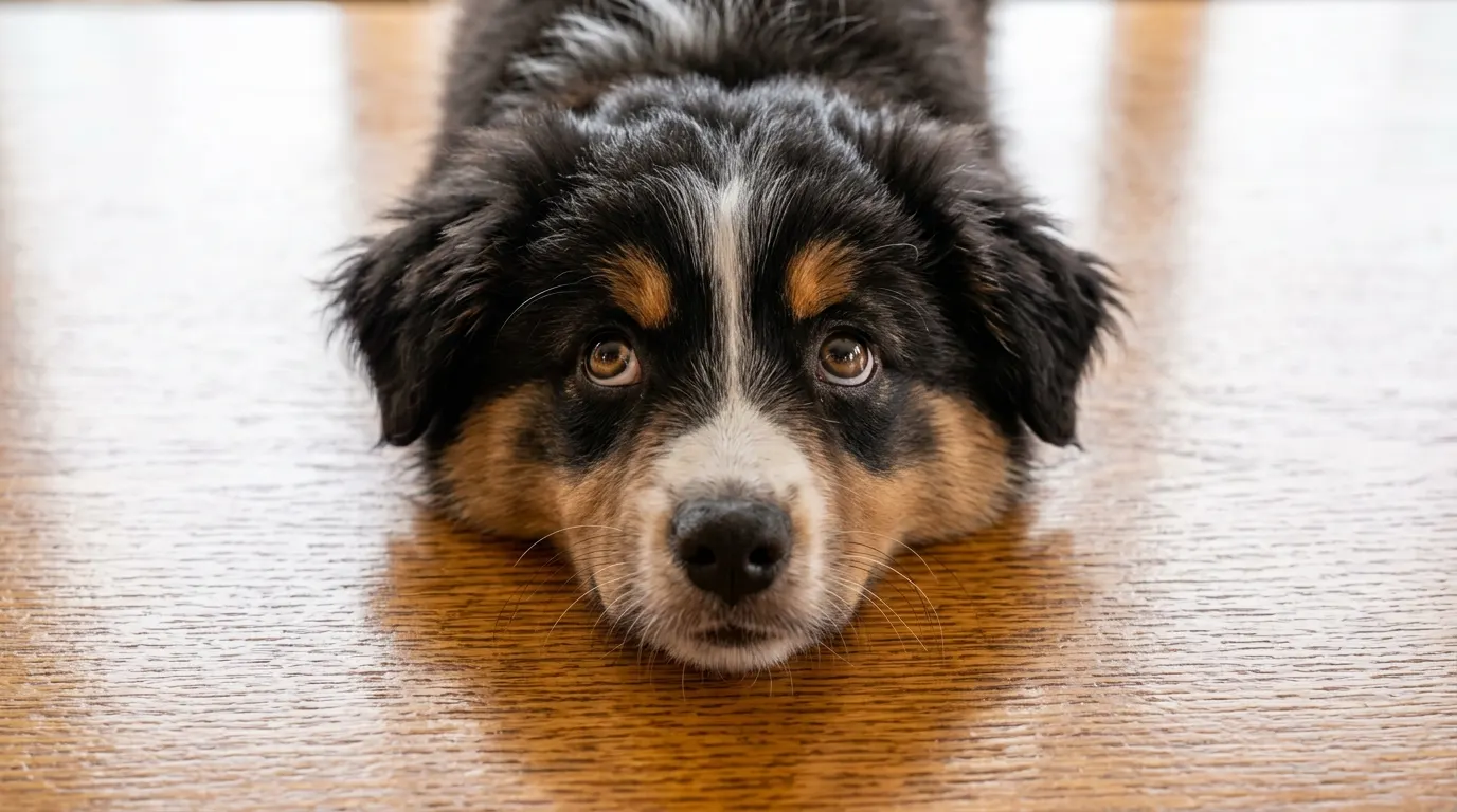 Puppy resting on wooden table — Waterproof & Heavy-Duty Beds