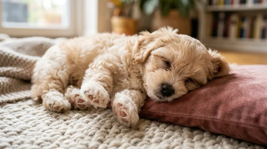 Puppy sleeping on plush rug