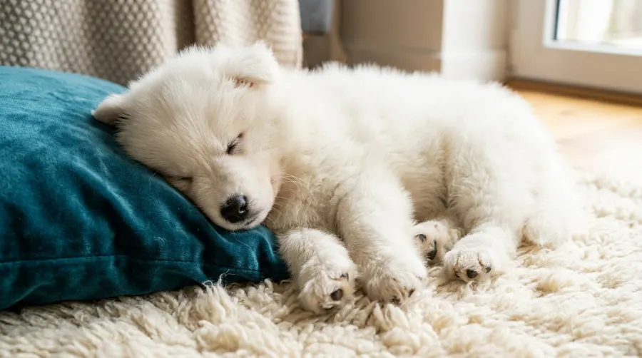 Puppy sleeping on rug