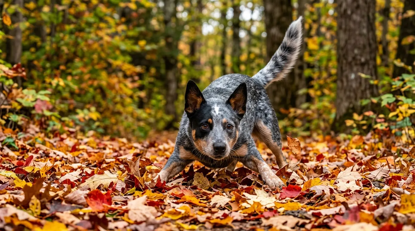 Cattle dog crouching on leaves | Winter Coats & Rainwear Cattle dog crouching on leaves — Winter Coats & Rainwear
