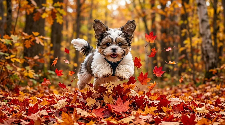 Puppy pouncing on red leaves | Winter Coats & Rainwear Puppy pouncing on red leaves
